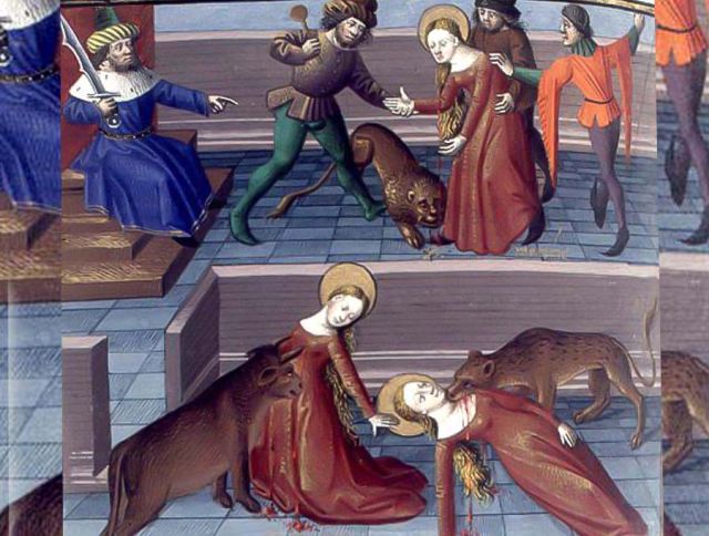  Marciana foi condenada a ser estraçalhada por animais. Um leão avançou contra ela e, de repente, parou, ficou de pé e ...fugiu sem tocar na frágil virgem cristã.
