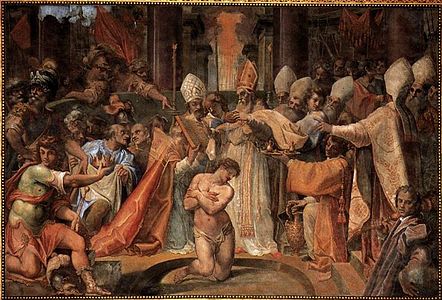 Constantino foi pego pela lepra. São Pedro e São Paulo lhe apareceram e disseram que seria curado se fosse batizado. São Silvestre o batizou e ele foi curado assim que terminou a cerimônia. Era o ano de 324. 