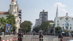 Downtown Yangon in front of Cityhall Soldiers Roadblock
