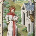 474px St. Fiacre of Meaux holding a book and a spade Book of hours Simon de Varie KB 74 G37 085r min