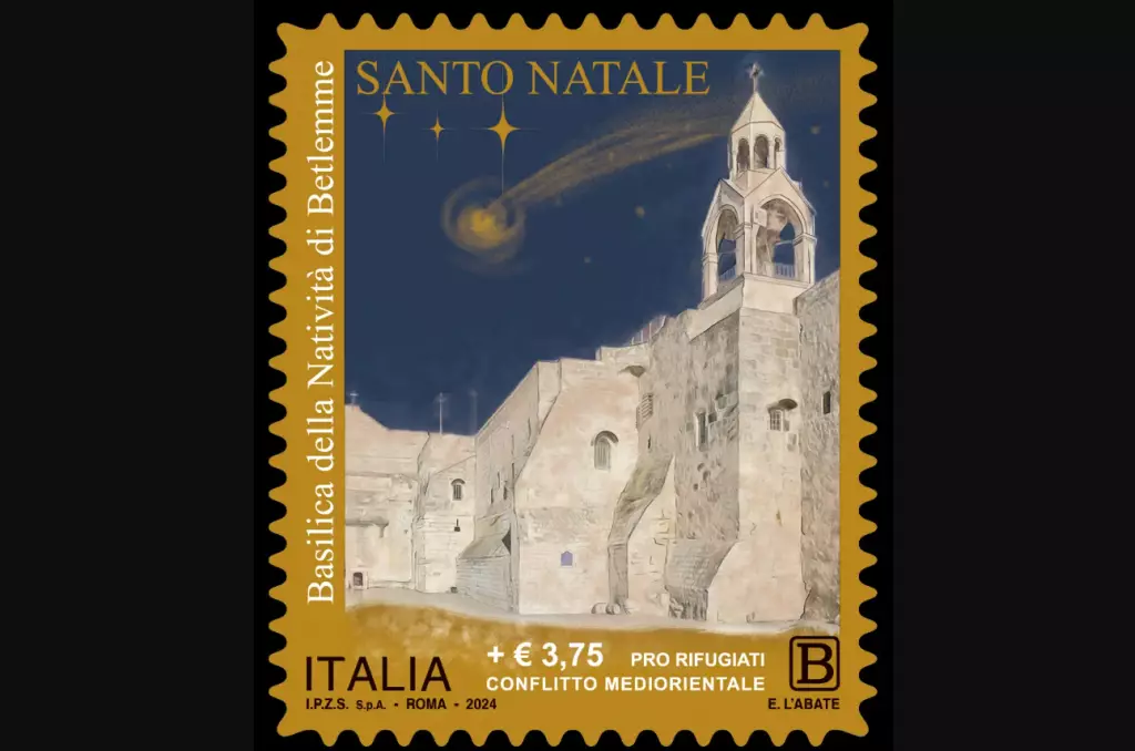 Selo dedicado a Basilica da Natividade e emitido na Italia 2