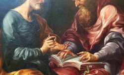 Detalhe da pintura a óleo São Pedro e São Paulo. Cristóbal de Villalpando (1649 - 1714) Acervo Pinacoteca del Templo de S. Felipe Neri, “La Profesa”, Cidade do México, México.